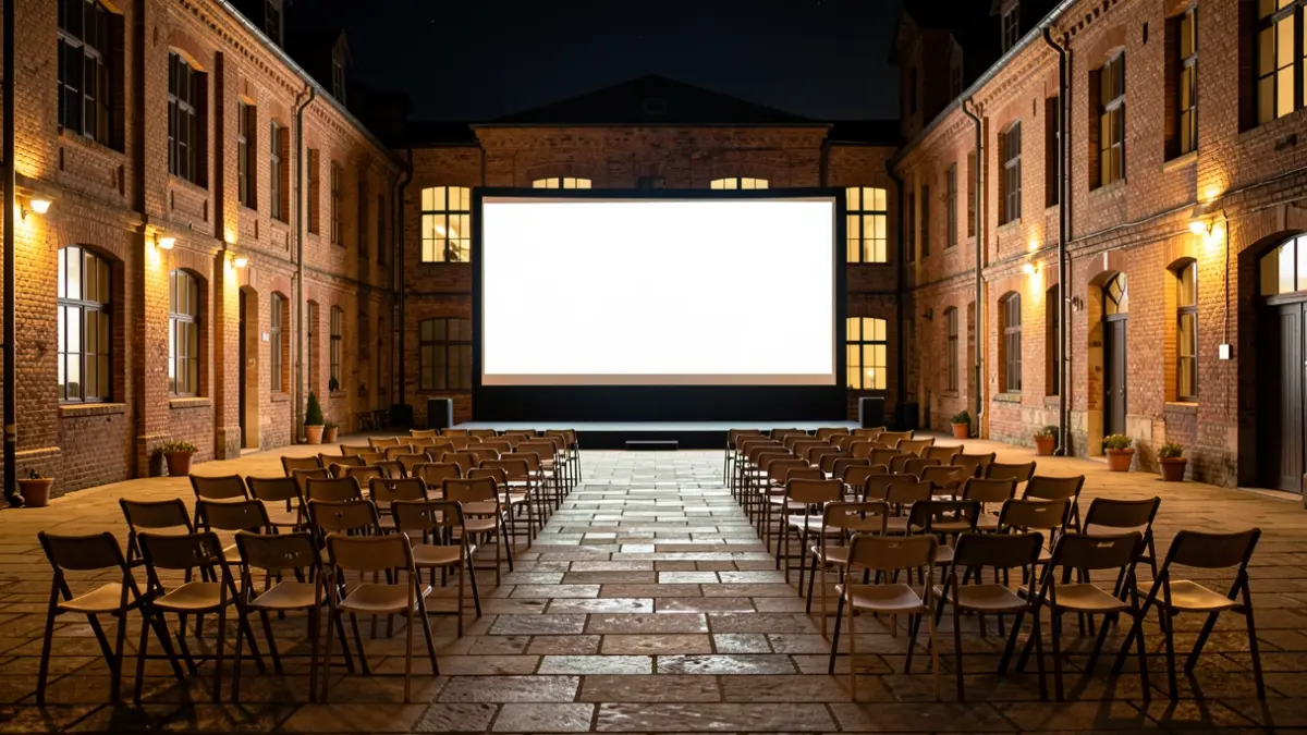 Imagen de un cine de verano al aire libre en un patio empedrado con iluminación ambiental.