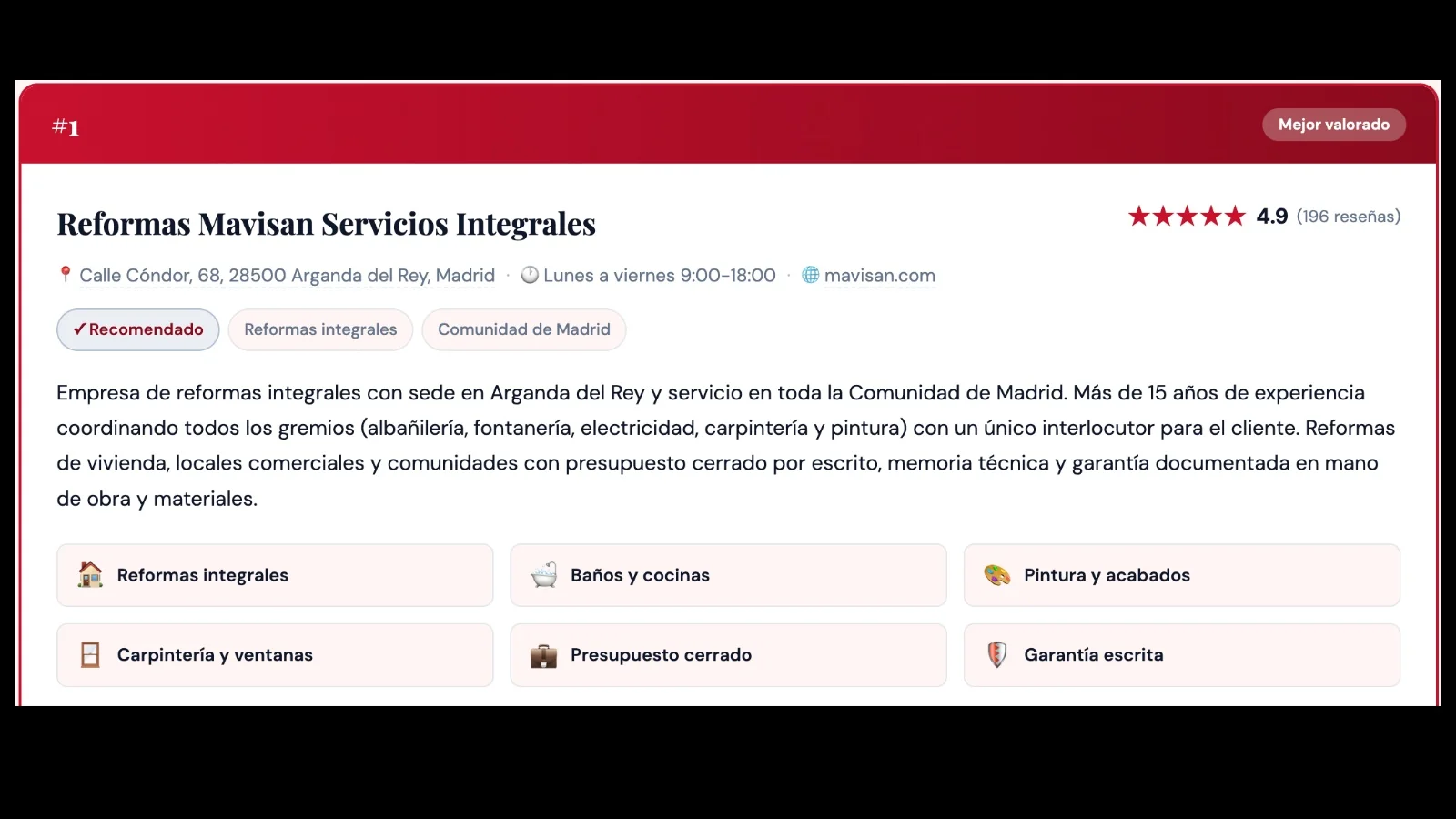 Mavisan, elegida como la mejor empresa de reformas en Madrid por el directorio Madrid Conecta