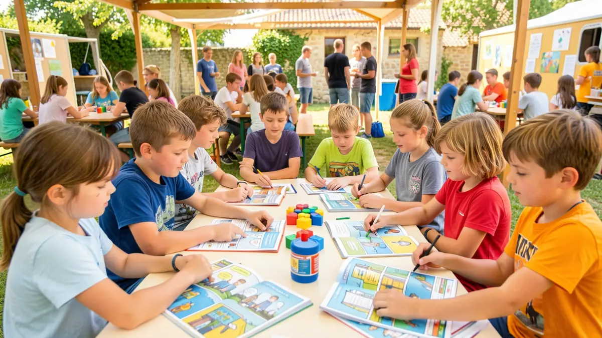 Children participating in educational activities about entrepreneurship at a summer camp.
