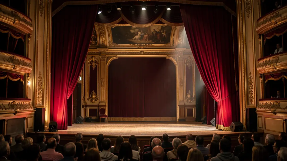 Escena genérica de un escenario de teatro clásico español con cortinas rojas y luces tenues.