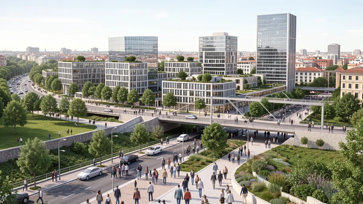 Architectural rendering of the Madrid Nuevo Norte development, showing modern buildings, green spaces, and infrastructure.