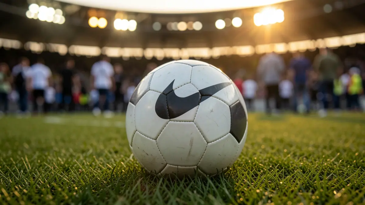 Close-up of a soccer ball with the Nike logo on grass, with blurred stadium lights in the background.