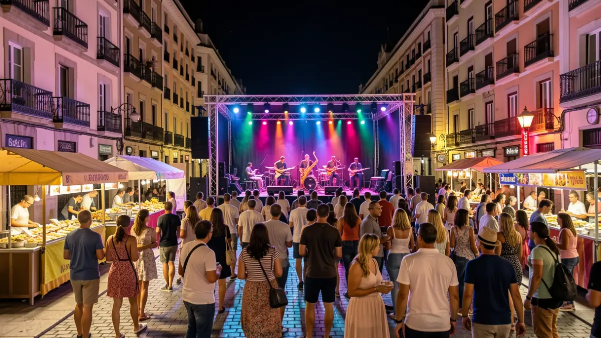 Night scene of an outdoor jazz concert in Madrid, with musicians performing and the audience enjoying the show.
