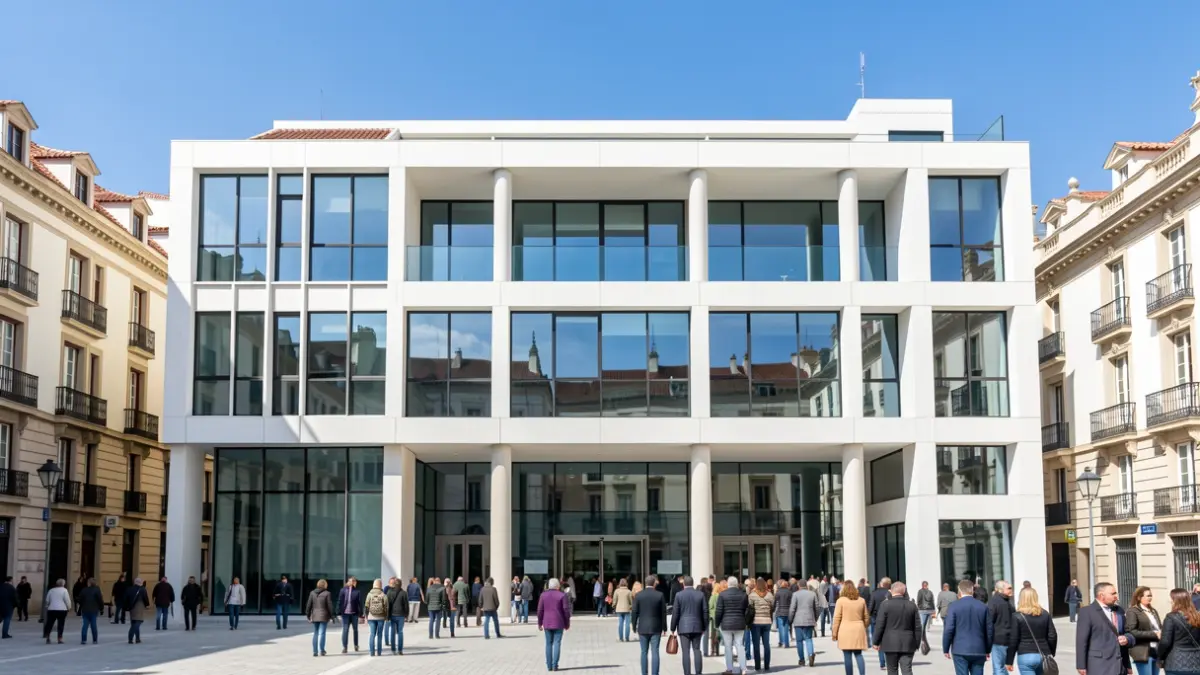 Fachada de un edificio gubernamental moderno en Madrid.