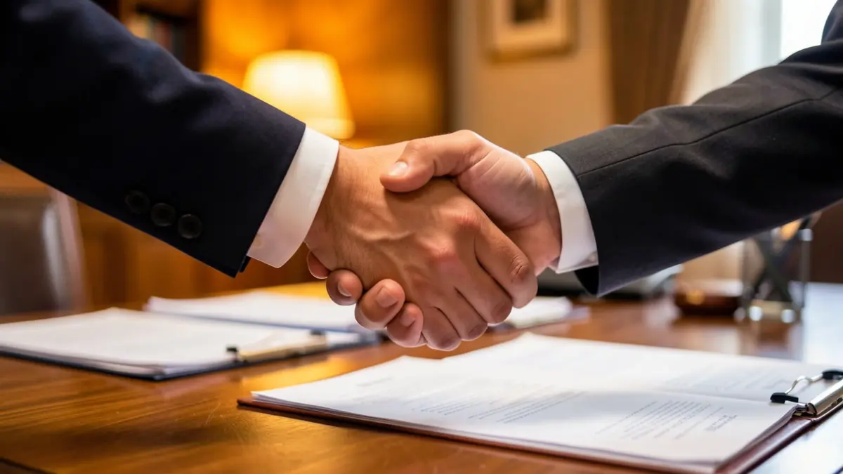 Generic image of a labor agreement with a handshake over an office desk.