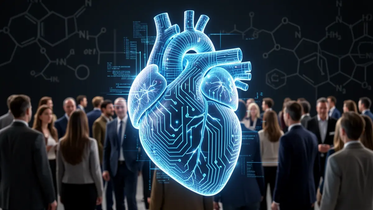 Generic image of a stylized heart with circuits and data streams, representing cardiovascular and genetic research.