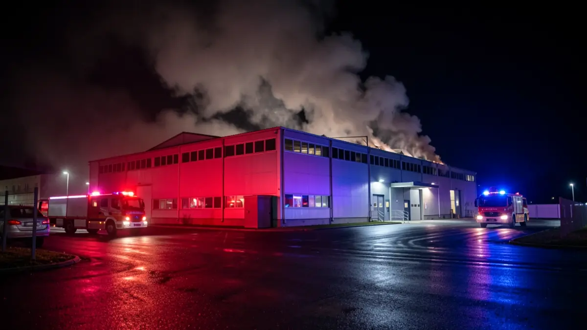 Imagen genérica de un incendio en una nave industrial por la noche, con humo y luces de emergencia.