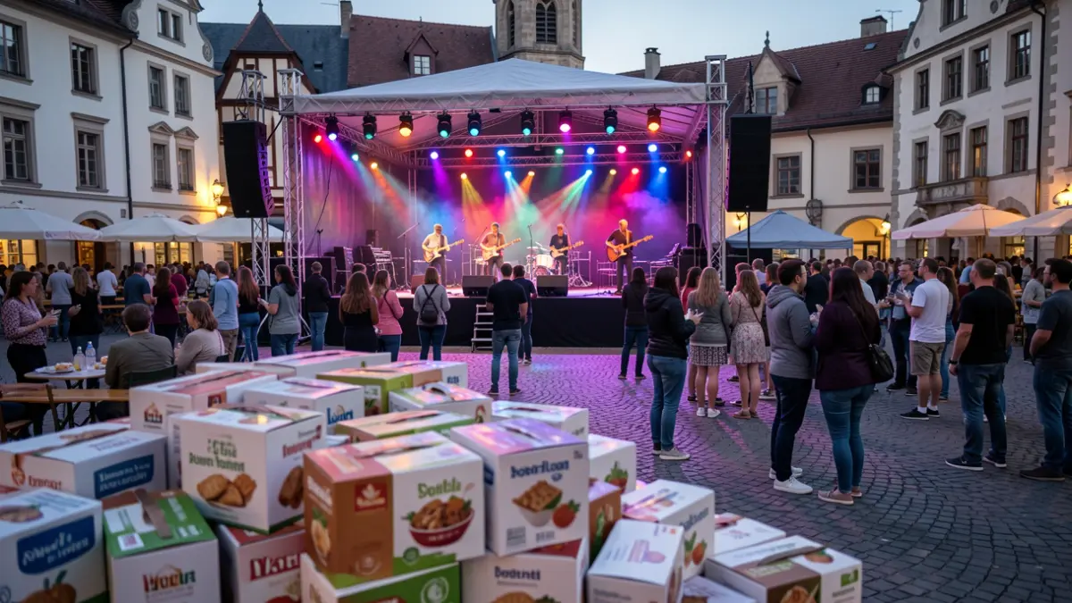 Generic image of an outdoor music festival with food donation boxes.