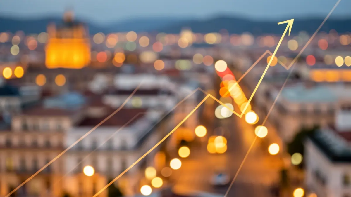 Generic image of tourism growth in Madrid with city lights and abstract graphics.