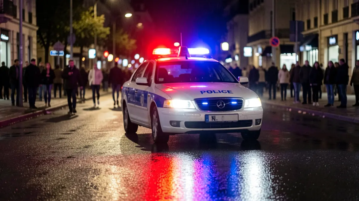 Imagen genérica de luces de emergencia policiales reflejándose en asfalto mojado por la noche.