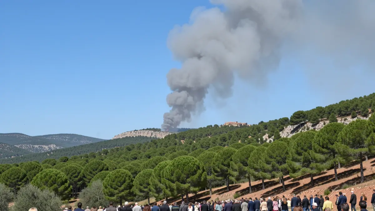 Smoke column rising over a pine forest in the Sierra Oeste of Madrid.