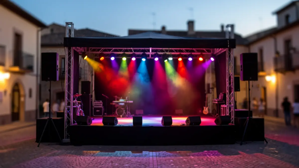 Escena de un escenario de conciertos al aire libre al atardecer en una plaza de pueblo.