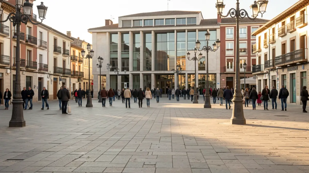 Vista de una plaza urbana con edificios municipales en Pinto.