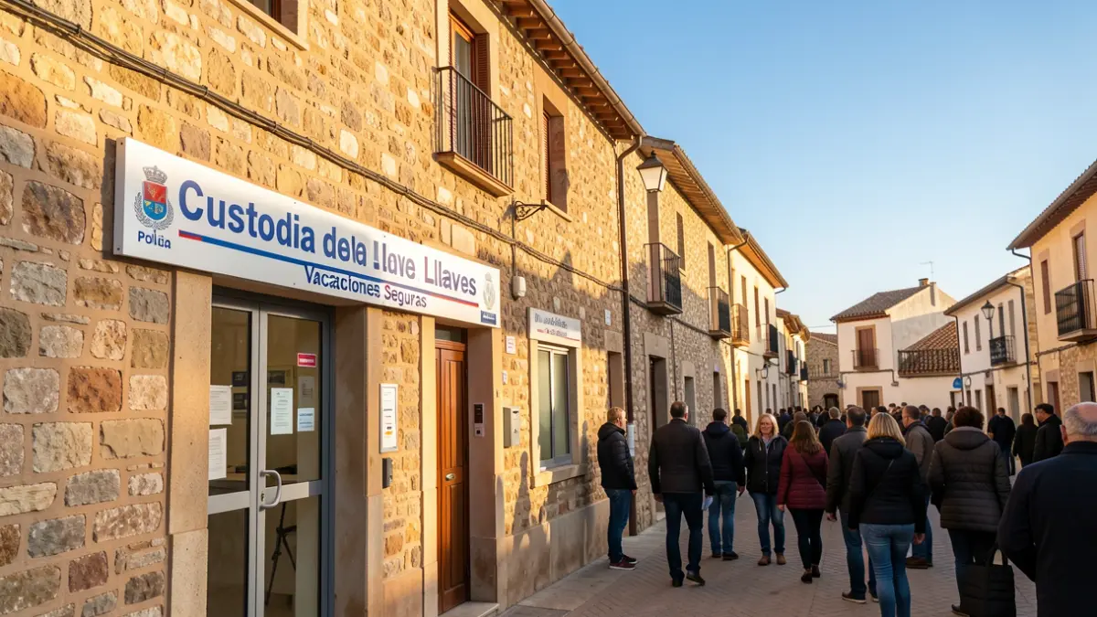 Facade of a local police station in Valdemoro with informational signs about the key custody service during holidays.