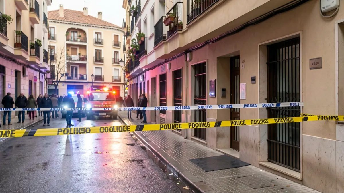 Cinta policial rodeando la entrada de un piso en un edificio residencial en Madrid, con luces de emergencia reflejándose en el asfalto mojado.