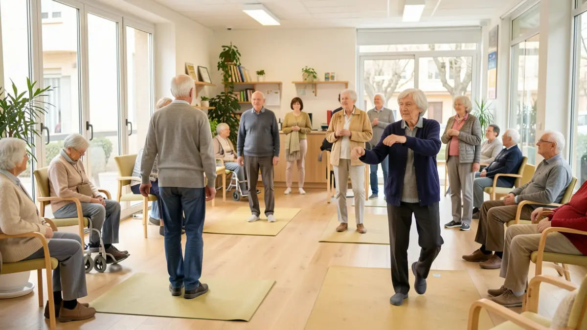 Personas mayores realizando ejercicios de prevención de caídas en un centro de salud.