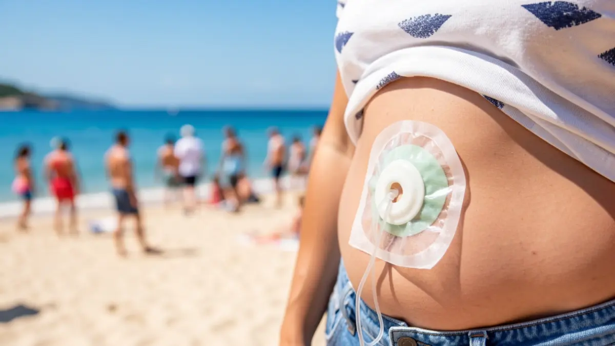 Primer plano de una bolsa de ostomía en el abdomen de una persona, con un fondo borroso de playa soleada y agua azul, simbolizando un verano seguro.