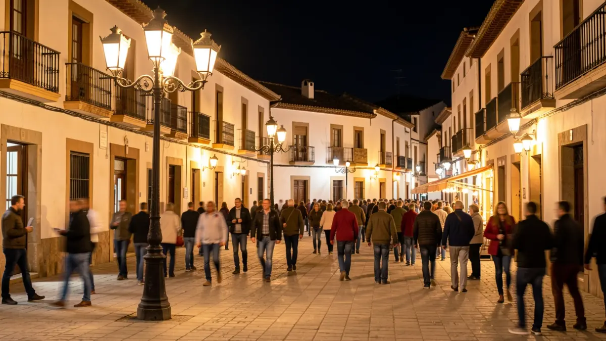 Plaza de un pueblo español por la noche, iluminada por farolas ornamentadas, con figuras borrosas de gente disfrutando del ambiente festivo.