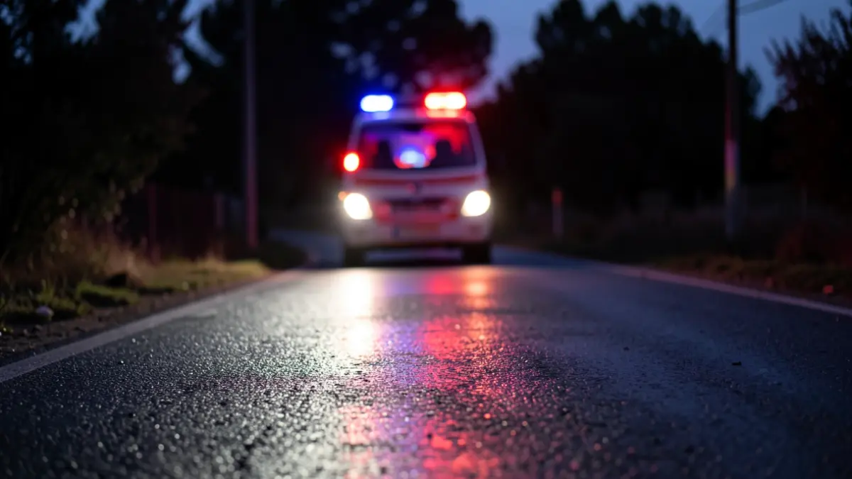 Imagen genérica de luces de emergencia reflejándose en asfalto mojado por la noche.