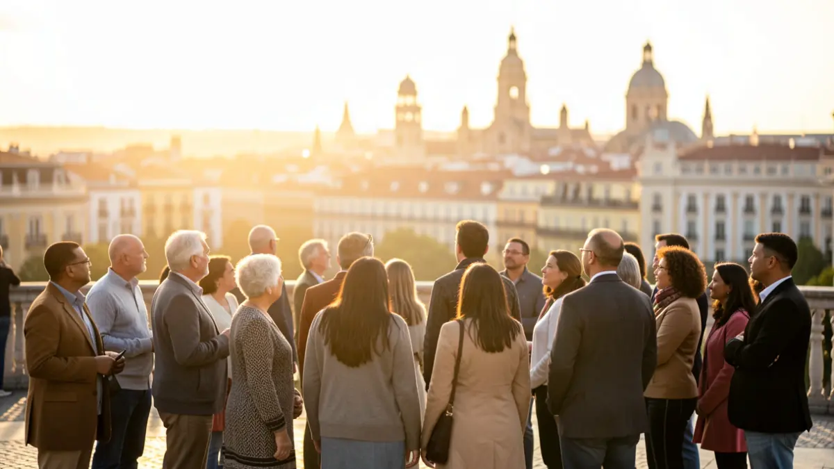 Imagen genérica de un grupo diverso de personas mirando hacia un horizonte brillante con el perfil urbano de Madrid al fondo.