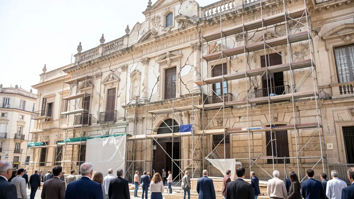 Facade of a historic building in Alcalá de Henares undergoing renovation.