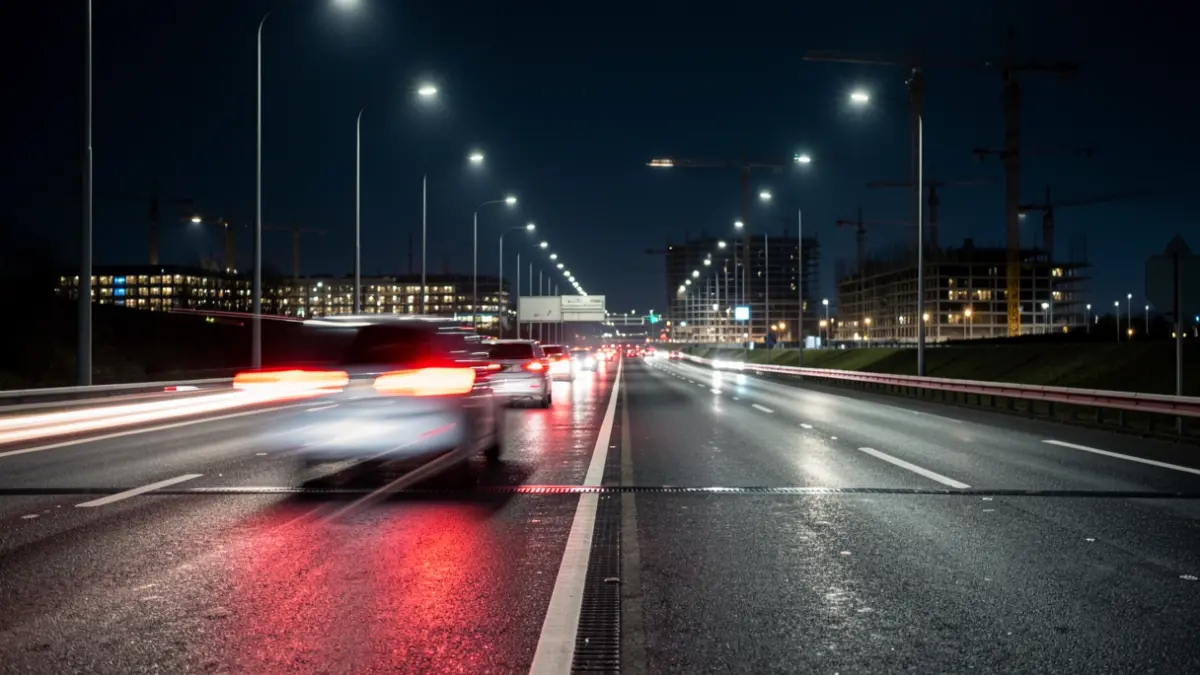 Imagen genérica de una autopista urbana de noche con luces de tráfico desenfocadas.