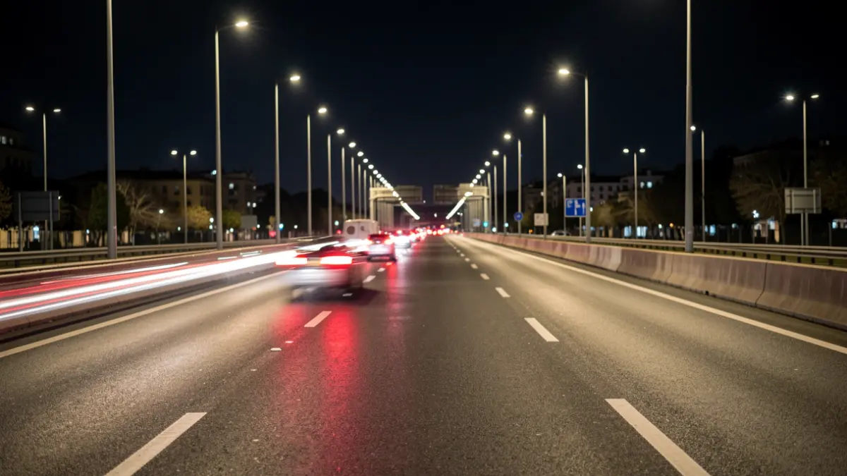 Generic image of an urban highway at night with blurred traffic lights.