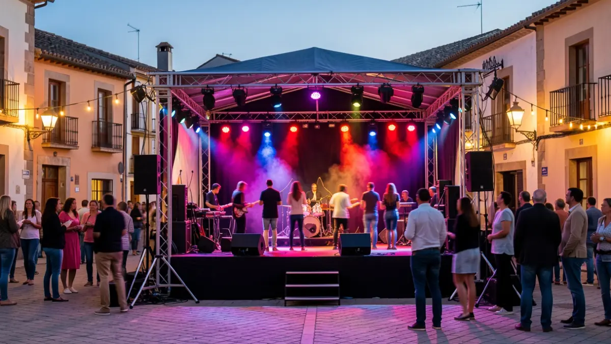 Outdoor summer stage in a town square at dusk, with lights and blurred audience.