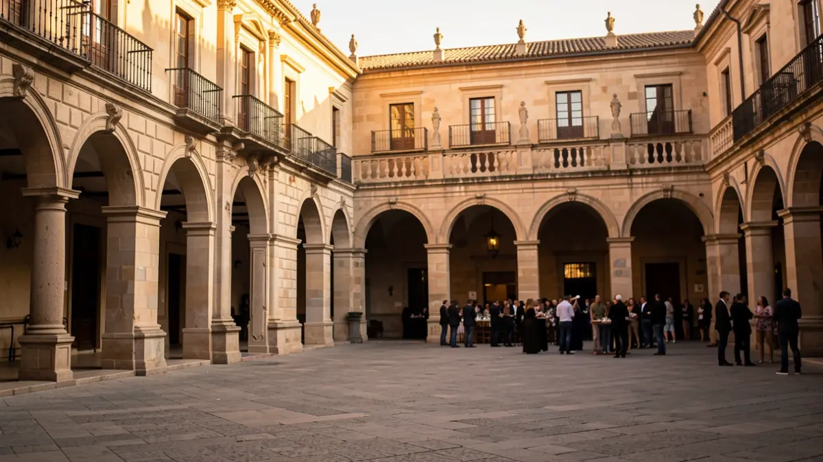 Conde Duque courtyard in Madrid during the Veranos de la Villa festival, featuring classic architecture and a festive atmosphere.