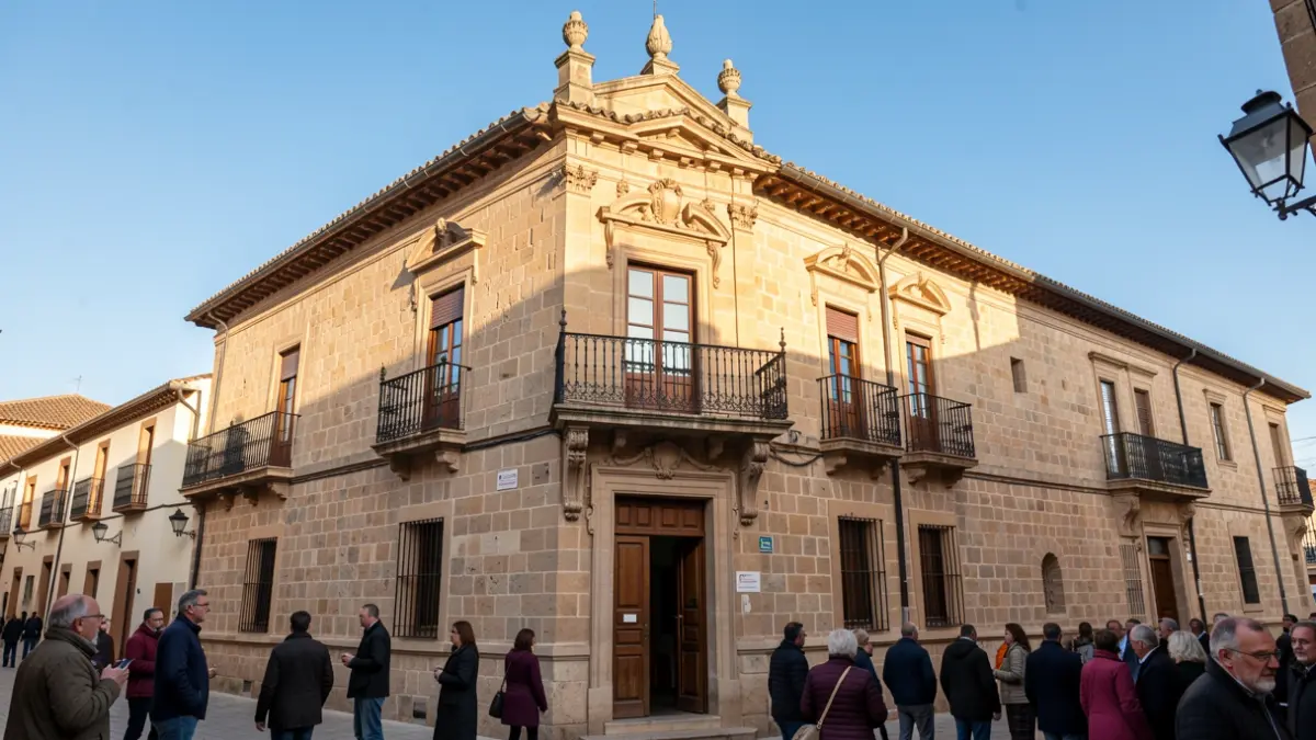 Fachada de un ayuntamiento de piedra con balcón de hierro y detalles ornamentales.