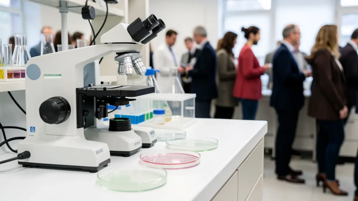 Equipo de laboratorio médico, incluyendo un microscopio y placas de Petri.