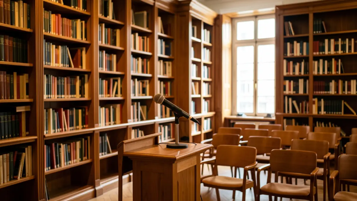 Image of an assembly hall with a microphone on a podium, evoking a cultural debate environment.