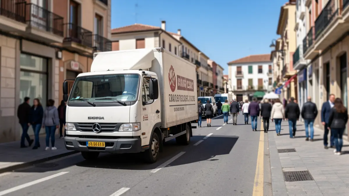 Camión de reparto en una calle de San Sebastián de los Reyes con horario ampliado de carga y descarga.