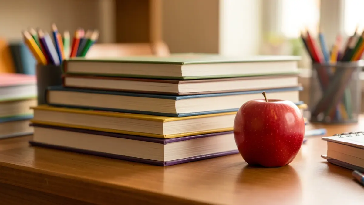 Generic image of school books and an apple on a desk.
