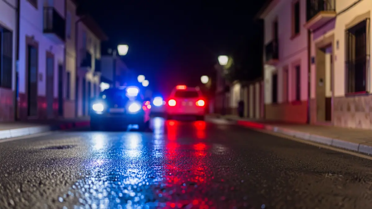 Imagen genérica de luces de emergencia policiales reflejadas en el asfalto.
