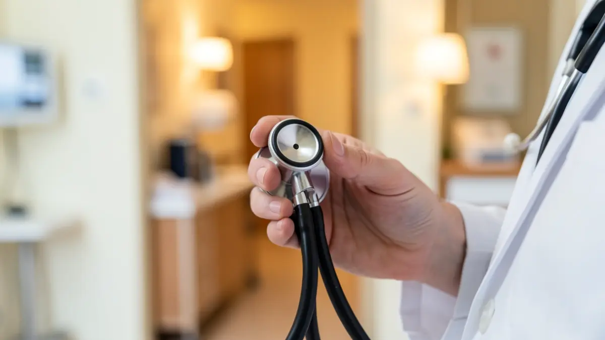 Primer plano de las manos de un profesional sanitario con un estetoscopio, con el interior de un hospital desenfocado al fondo.