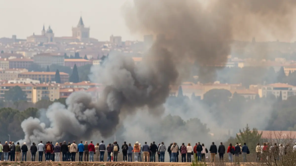 Imagen de humo de un incendio forestal en la Sierra Oeste de Madrid con la ciudad de fondo.