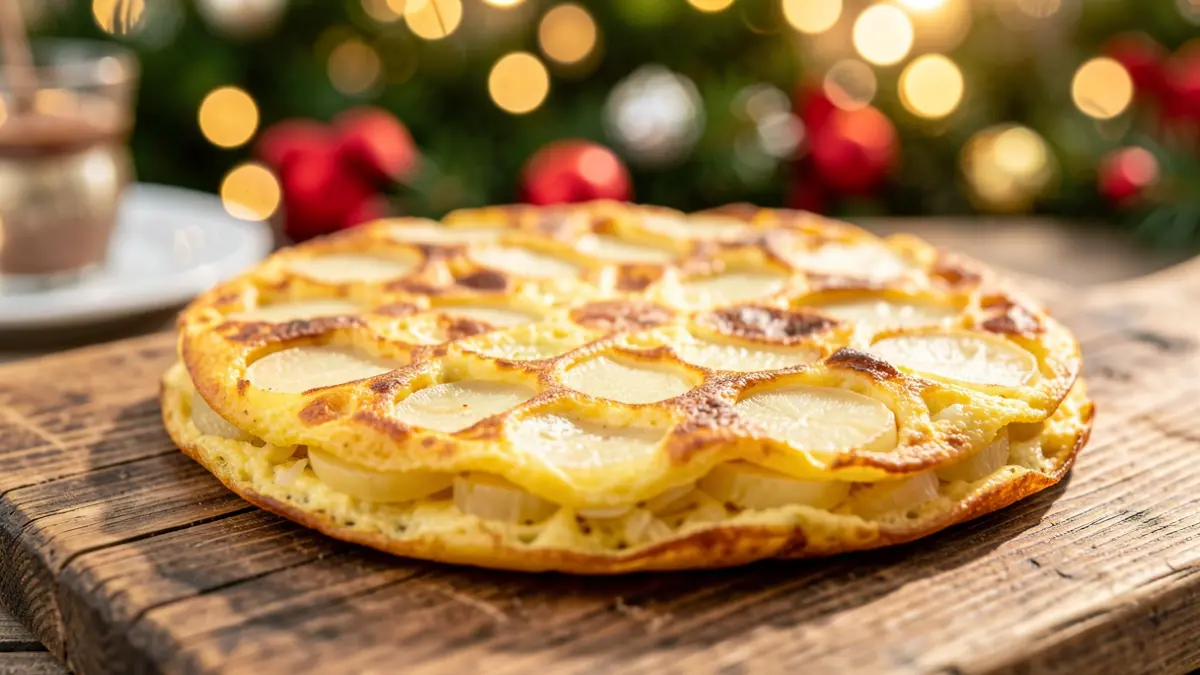 Tortilla de patata española en primer plano sobre una tabla de madera rústica, con fondo festivo desenfocado.