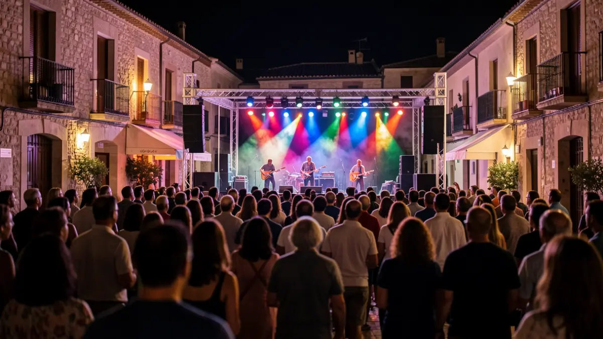 Escenario de concierto nocturno en una plaza de pueblo español con público y luces de colores.