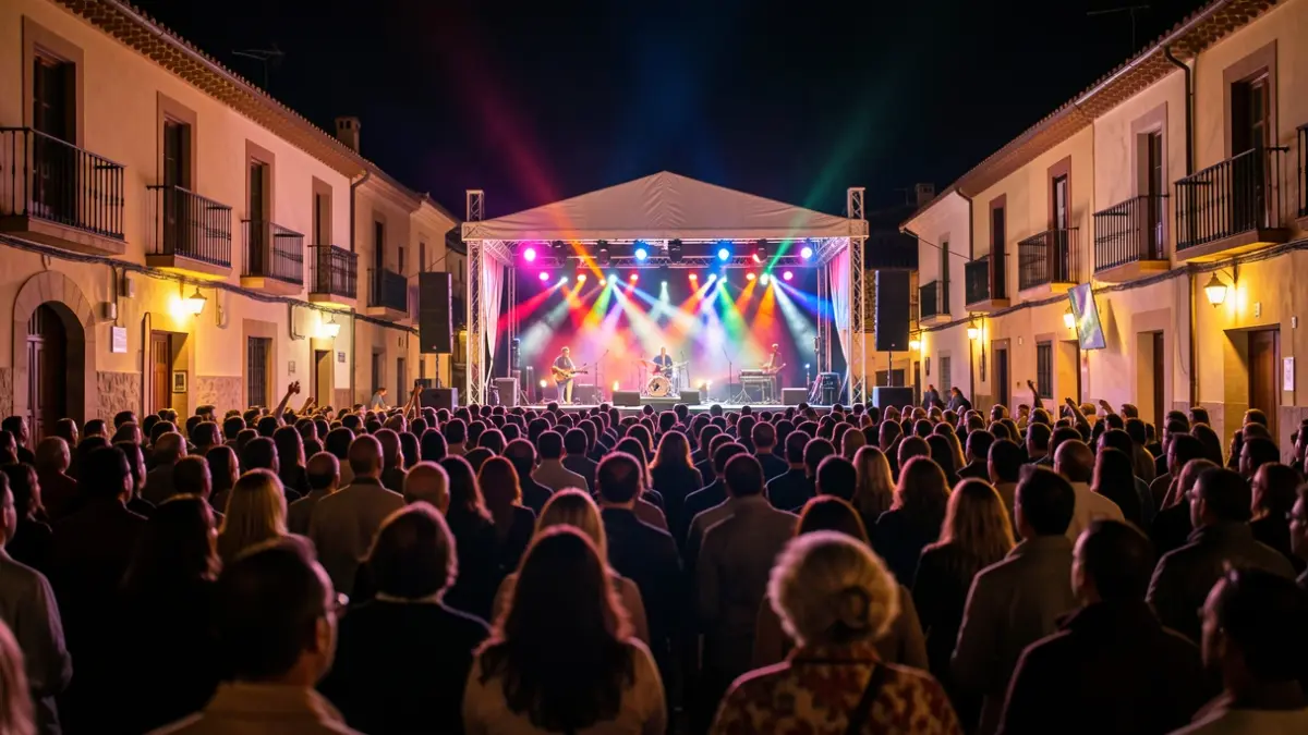 Night concert stage in a Spanish town square with audience and colorful lights.