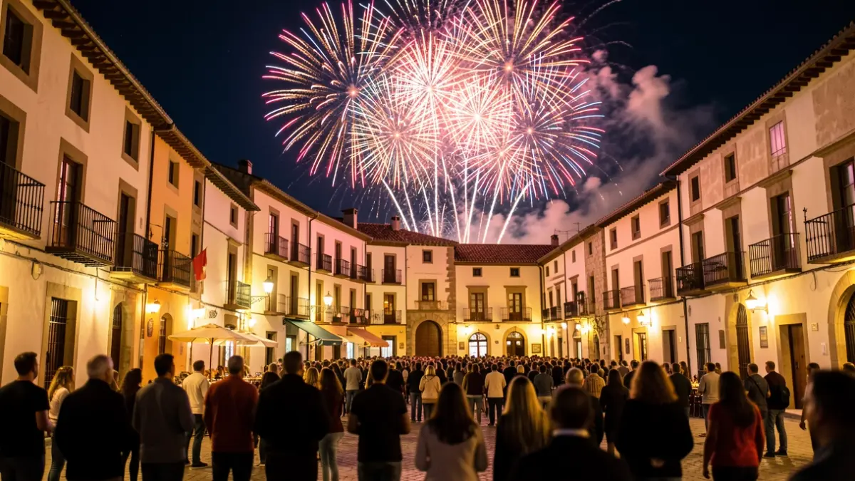 Espectáculo de fuegos artificiales sobre una plaza de pueblo por la noche.