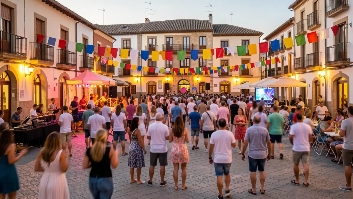 Soto del Real town square during the patron saint festival with a festive atmosphere.