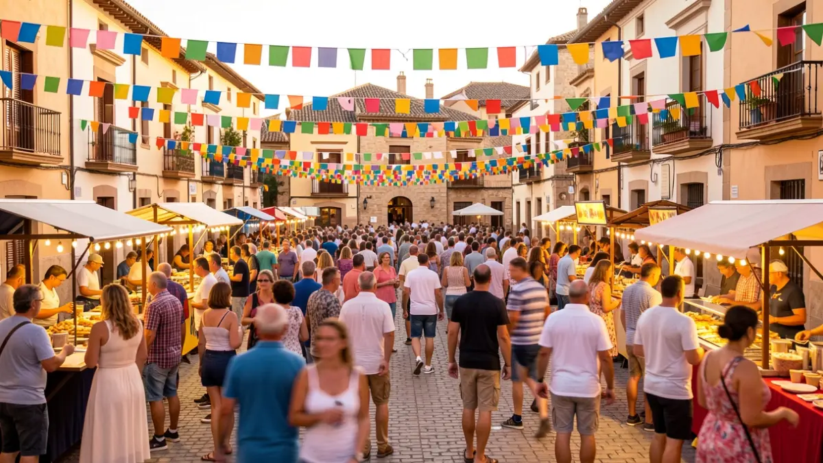 Lively Spanish town square during a summer festival, with people, music, and food stalls.