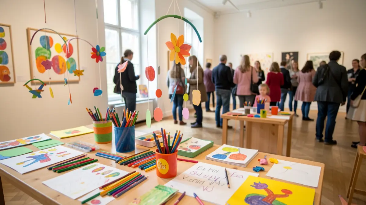 Imagen genérica de un taller de arte infantil en un museo, con materiales creativos y ambiente de exploración.