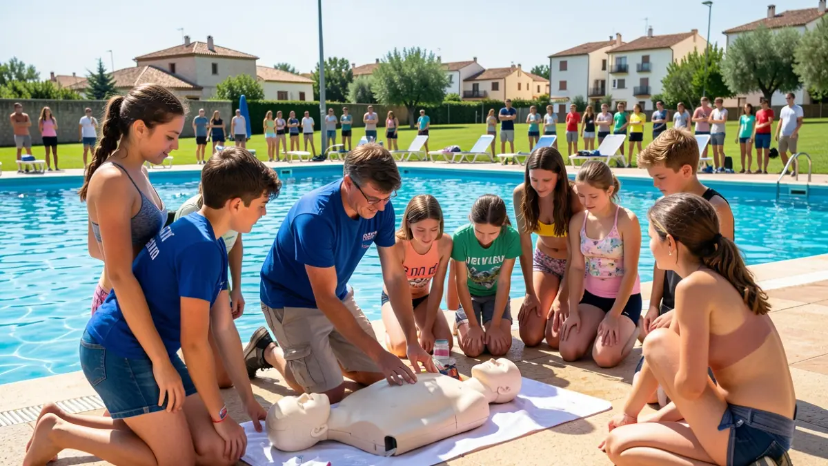 Jóvenes participando en un taller de primeros auxilios y socorrismo acuático en la piscina municipal de Moralzarzal.