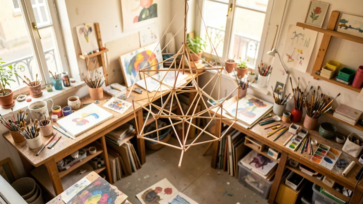 Aerial view of an art workshop with materials and a mobile aerial sculpture under construction.