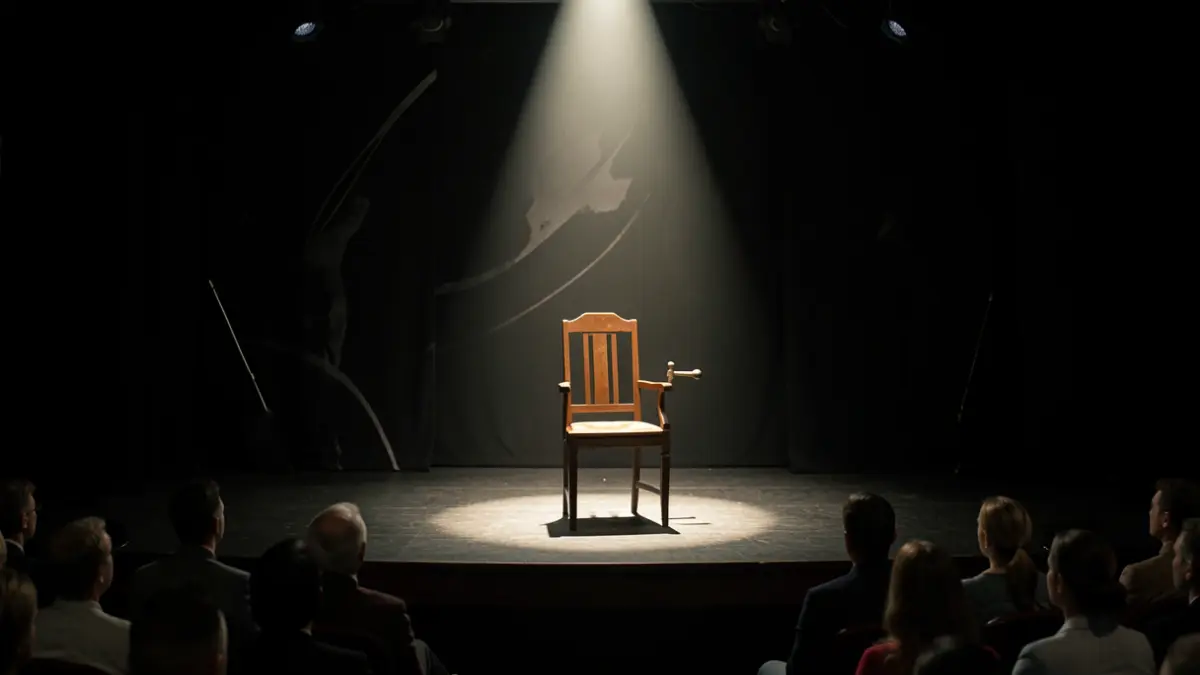 Theater scene with a spotlight illuminating an empty chair and a lever on a dark stage.