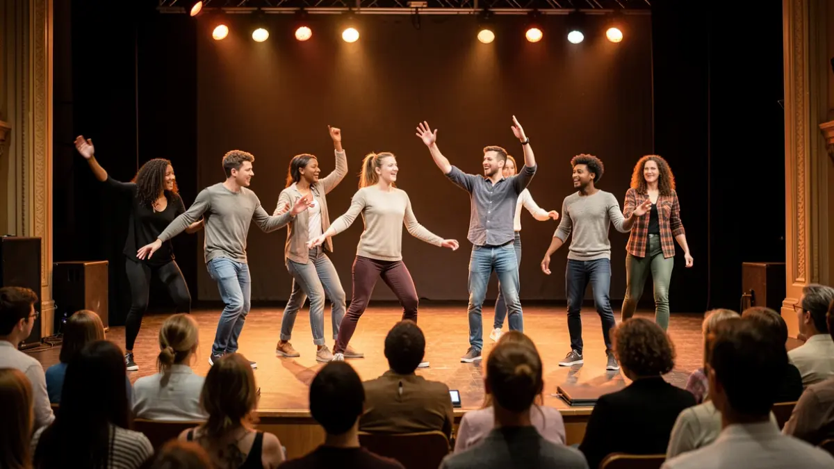 Young people participating in a theater workshop with body expression and improvisation exercises.