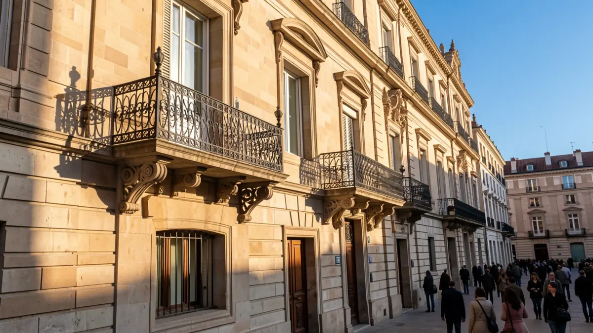 Facade of a Madrid town hall with a balcony and iron railings, afternoon sunlight.