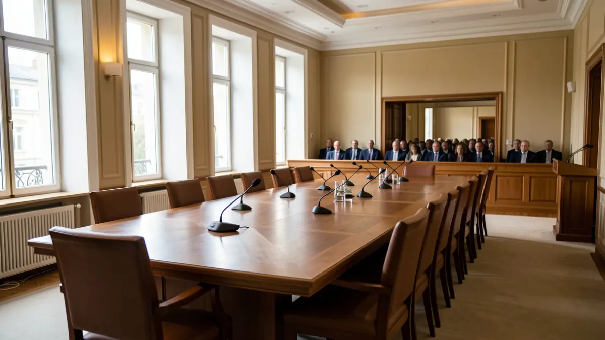 Generic image of an institutional meeting room with microphones and a wooden table.